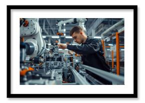 Engineer calibrating robotic arm in advanced manufacturing facility