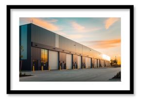 Modern Industrial Warehouse at Sunset: A sleek and contemporary industrial warehouse bathed in the warm glow of a setting sun, promising efficiency, innovation, and boundless potential. 