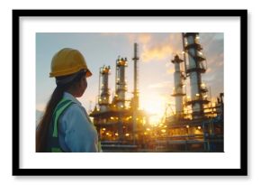 Refinery industrial engineers are working and discussing in front of oil and gas industrial plant. Refinery for industry.