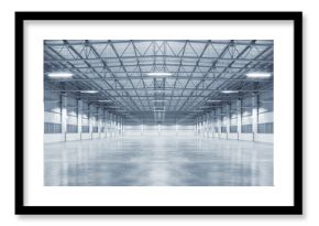 Concrete floor inside industrial building. Use as large factory, warehouse, storehouse, hangar or plant. Modern interior with metal wall and steel structure with empty space for industry background.