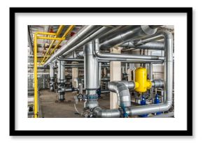 interior industrial gas boiler with a lot of piping, pumps and v