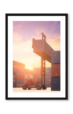 Forklift truck lifting cargo container in shipping yard for transportation import export and logistic industrial concept