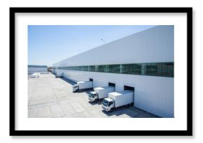 facade of an industrial building and warehouse with freight cars in length