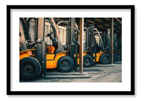 Background of a lot of forklifts, reliable heavy loader, truck