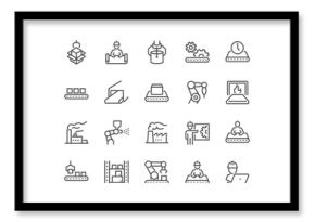 Simple Set of Mass Production Related Vector Line Icons. Contains such Icons as Industrial Oven, Robot Manipulator, Warehouse, Painting Bot and more. Editable Stroke. 48x48 Pixel Perfect.