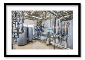 The interior of an industrial boiler house with a multitude of pipes, barrels and sensors