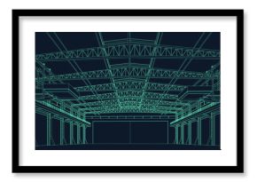 wire frame illustration of an industrial warehouse or hangar for virtual reality