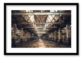 Abandoned ruined industrial warehouse or factory building inside, corridor view with perspective, ruins and demolition concept