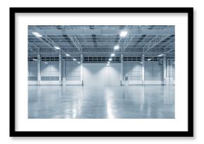 Roller door or roller shutter inside factory, warehouse or industrial building. Modern interior design with polished concrete floor and empty space for product display or industry background.