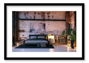 Bed in old vintage industrial loft apartment