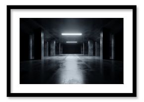 Sci Fi Modern Dark Concrete Cement Asphalt Futuristic Spaceship Elegant Underground Garage Tunnel Corridor Empty Space White Glow Glossy Columns 3D Rendering