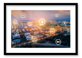 Light oil refinery at twilight with physical system icons diagram on industrial factory. Industry on technology 4.0 concept support with double exposure.