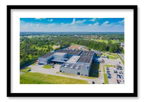 Aerial drone view on distribution center. Logistic and transport concept