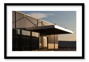 Industrial office & warehouse architecture bathed in afternoon light.