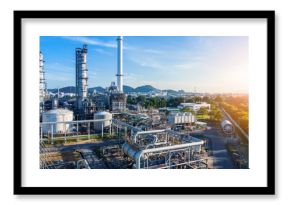 Aerial view of smart chemical oil refinery plant, power plant on blue sky background , Gas Oil depot, Crude Oil Refinery Plant Steel Pipe line and Chimney Cooling tower, Chemical or Petrochemical