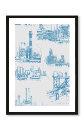 Chemical plant, the production of polymers, hand-drawn Vector seamless pattern.