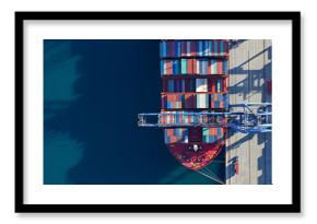 Aerial top down photo of industrial cargo container logistics terminal port with cranes loading unloading to container ships