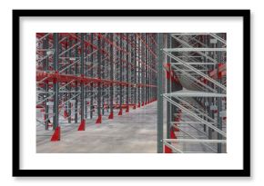 Empty shelves into an industrial warehouse