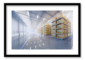 Warehouse or industry building interior. known as distribution center, retail warehouse. Part of storage and shipping system. Included box package on shelf, empty space and concrete floor. 3d render.