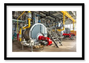 The interior of an industrial boiler room with three large boilers, many pipes, valves and sensors