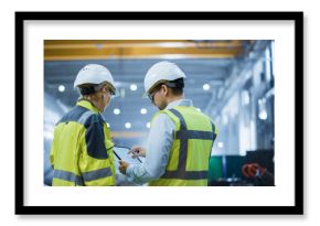 Two Heavy Industry Engineers Stand in Pipe Manufacturing Factory, Use Digital Tablet Computer, Have Discussion. Large Pipe Assembled. Design and Construction of Oil, Gas and Fuels Transport Pipeline