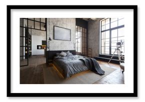 luxury studio apartment with a free layout in a loft style in dark colors. Stylish modern kitchen area with an island, cozy bedroom area with fireplace and personal gym