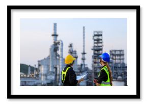 Smart two female engineer discussion together at refinery industry plant at industry factory center area. Engineering Concept