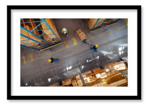 Top-Down View: In Warehouse People Working, Forklift Truck Operator Lifts Pallet with Cardboard Box. Logistics, Distribution Center with Products Ready for Global Shipment, Customer Delivery