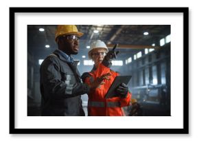 Two Heavy Industry Engineers Stand in Steel Metal Manufacturing Factory, Use Digital Tablet Computer and Have a Discussion. Black African American Industrial Specialist Talk to Female Technician.