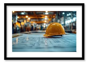 Bright yellow hard hat rests on blueprints in a busy factory.