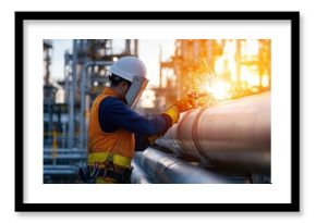Pipefitter welding industrial gas pipes in a refinery facility. Featuring expertise and precision