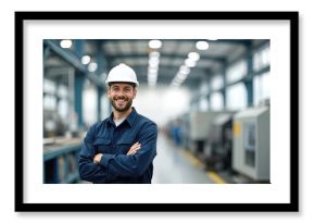 Smiling male engineer in work uniform, helmet stands at factory. Confident factory worker at industrial site, arms crossed. Foreman, technician in manufacturing, workplace, industrial job.