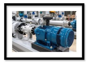 Close-up of a blue water pump and motor at an industrial water treatment facility showcasing essential equipment for water processing