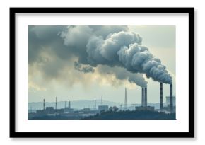 an industrial landscape featuring factories with smoke stacks releasing emissions into the sky