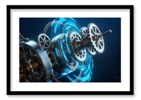 Interlocking mechanical gears with glowing blue energy in motion against a dark background