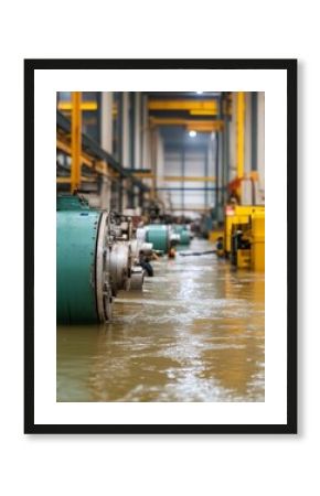 Floodwater damage in an industrial area, machinery being repaired, Flood Damage, Industrial recovery