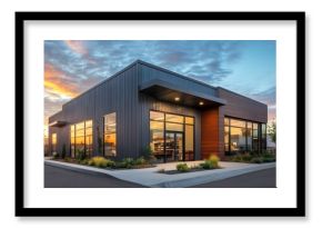 Exterior of a modern warehouse with a small office unit, featuring contemporary design, large windows, and metal siding, highlighting a professional and organized business environment