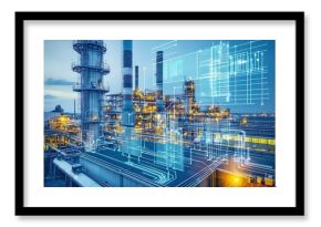 Modern industrial facility with digital overlay and energy production elements.