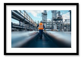 Worker inspecting industrial pipes at a refinery in broad daylight