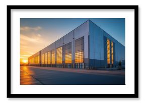 Modern industrial warehouse at sunset. Large structure with many windows reflecting golden light. Empty paved parking lot extends in front. Sunrise sunset sky. Commercial property distribution