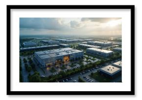 Aerial view of industrial estate. Modern office buildings research centers, production facilities visible. Green plants, parking lots present. Tranquil ambiance. Calm area. Scenic industrial