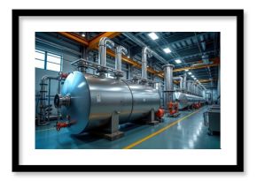 Modern industrial boiler room with several large gas boilers. Industrial heating system with pipes, equipment. Steel tanks, pipes present. Controlled environment for efficient heat production.