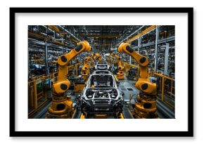 Synchronized industrial robot arms working in a modern car manufacturing plant showcasing the efficiency and precision of automated production processes in the automotive industry