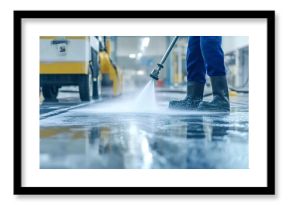 Cleaning staff member wearing safety boots using high pressure washer for cleaning concrete floor in large industrial building, creating foam and splashing water