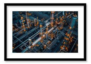 Aerial view of a complex industrial facility with illuminated pipes and machinery at night