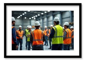 Industrial workers gather in large warehouse for safety training. Workers wear safety vests, hard hats. Instructor guides training. Group listens attentively. Pro training session on safety