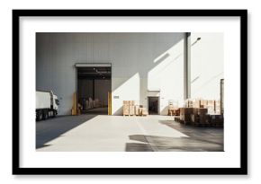 Large warehouse exterior with delivery trucks and stacked pallets sunlight casting long shadows on concrete emphasizing industrial setting 