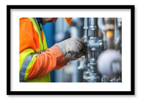 Technician carefully working on industrial pipeline system maintenance at plant