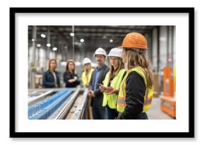 Female engineer in hard hat leads a team in a factory.