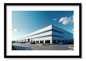 Modern industrial building stands in parking lot under clear sky. Large facility with many windows, flat roof. Cars parked outside facility. Looks like innovative, professional workplace. Modern